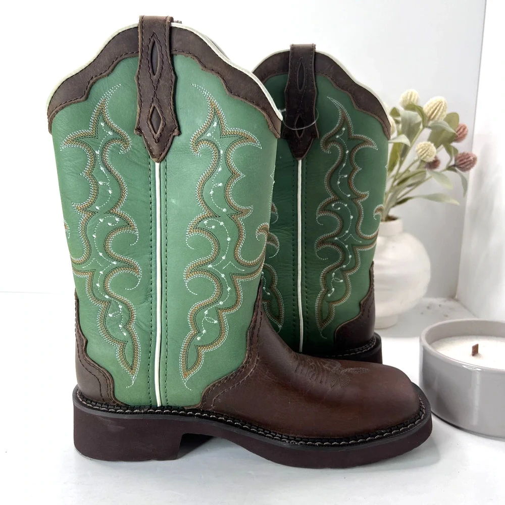 Justin Raya Western Distressed Square Toe Cowgirl Boot Brown Green Women 7B NWD